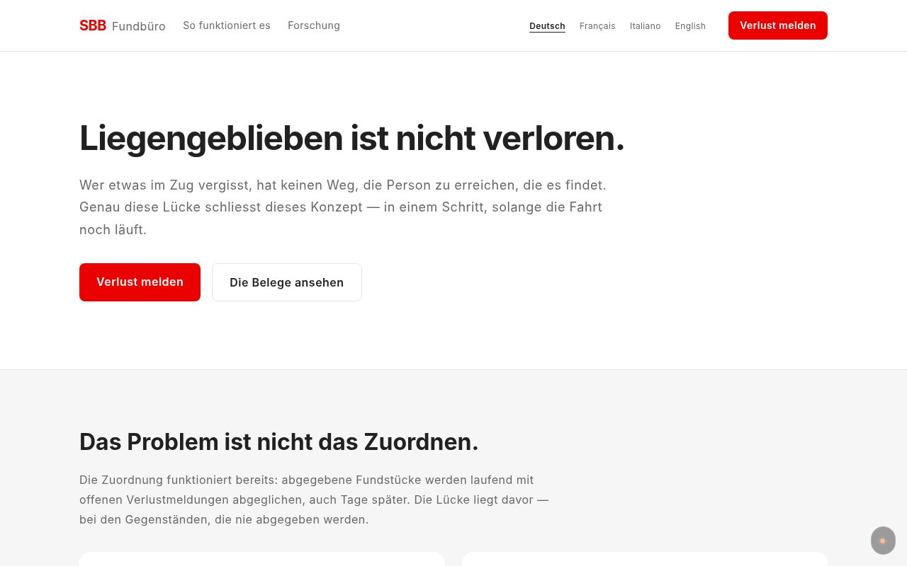 Nordbahn Fundbüro — screenshot of sbbfundbuero.orangecat.ch